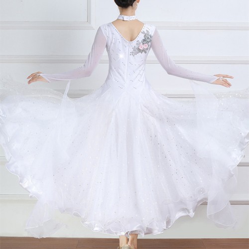 White ballroom dancing dresses for women girls kids modern dance glitter skirts waltz tango foxtrot smooth dance long dress for woman